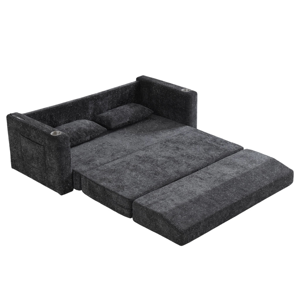 Divano letto 2 posti con USB e portabicchieri in chenille nero e grigio 80×50×50 cm
