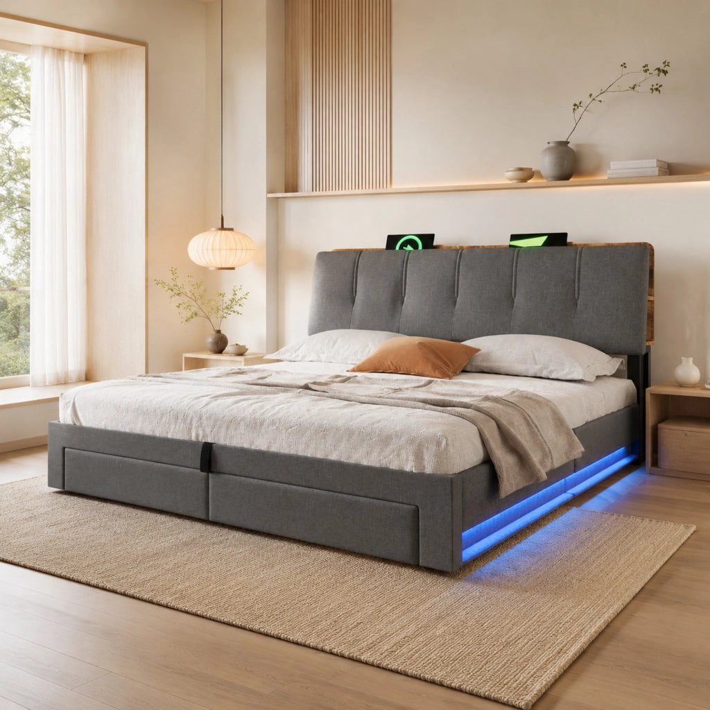Letto imbottito 180x200 cm con contenitore idraulico, LED e porte USB
