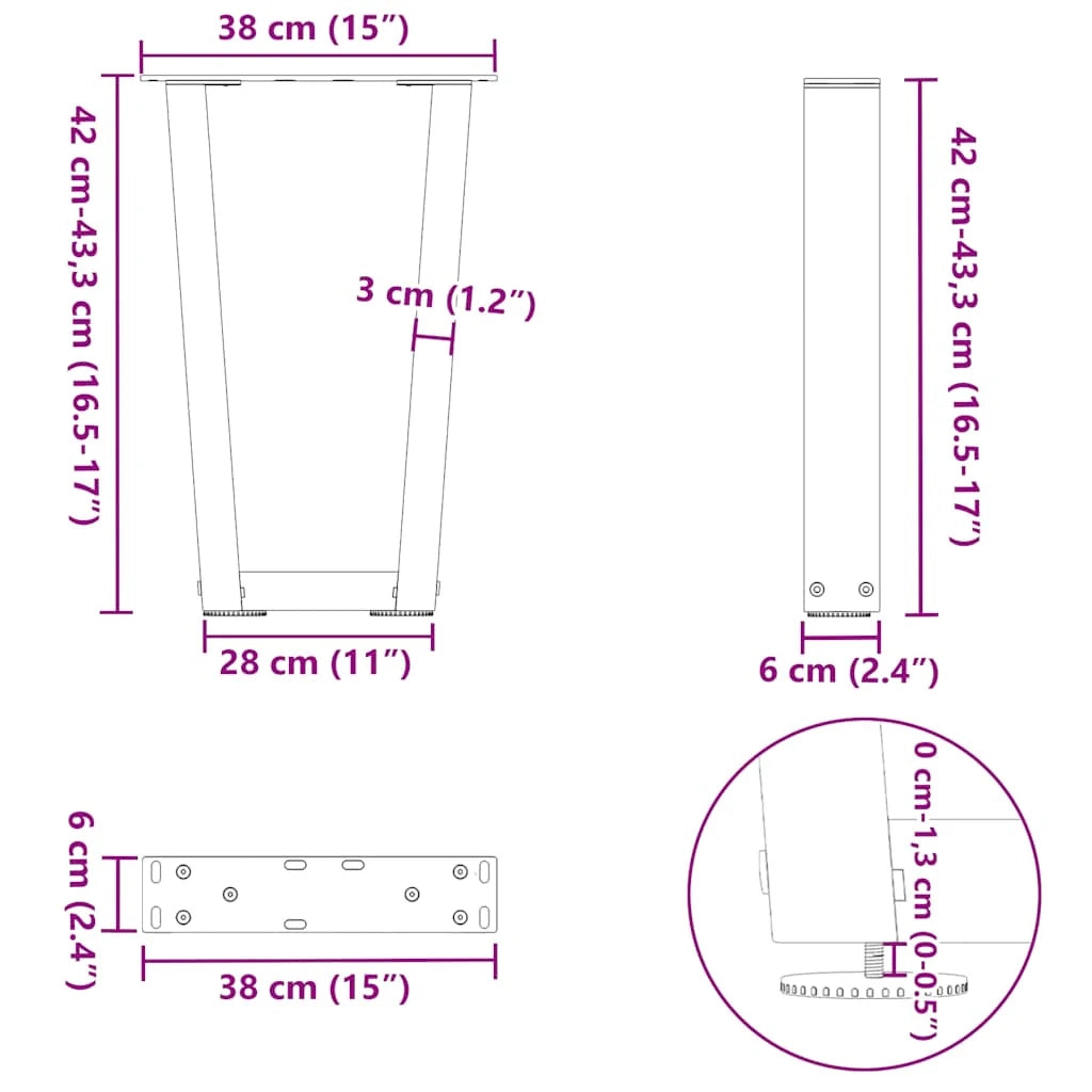Set di 2 gambe per tavolino da caffè a forma di V 38 x 43 cm con piedini regolabili stile moderno acciaio nero 02_0056912