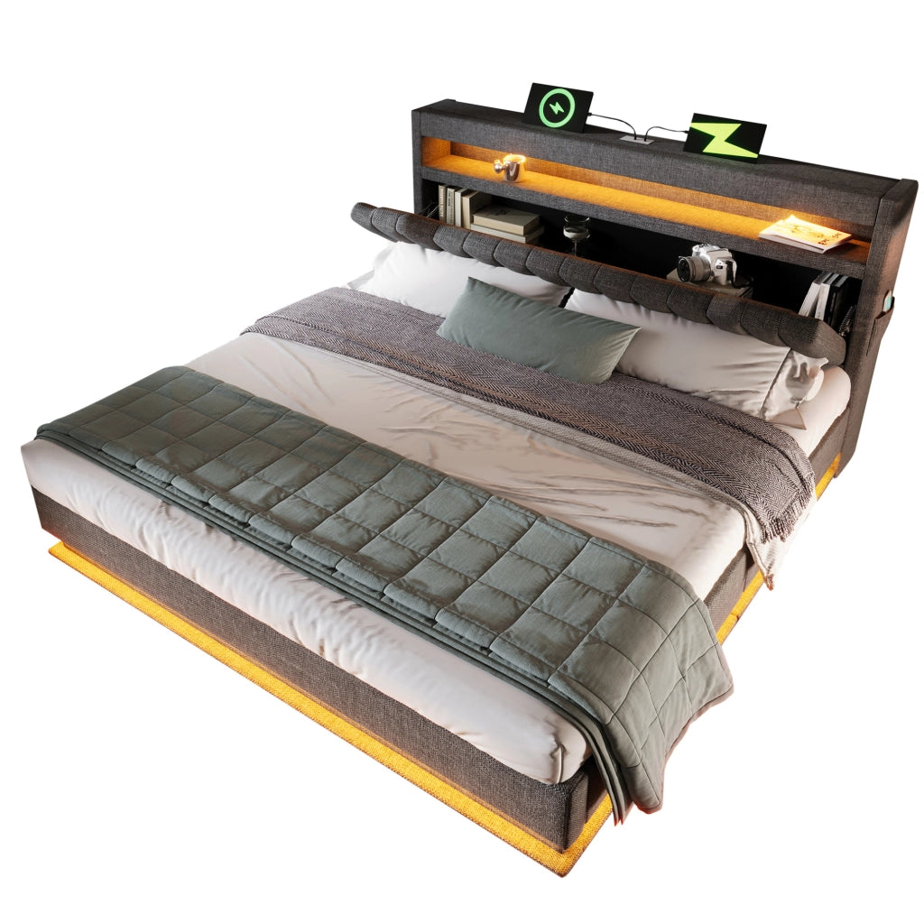 Letto matrimoniale 180x200 cm in lino grigio con LED; USB; Type-C e contenitore idraulico