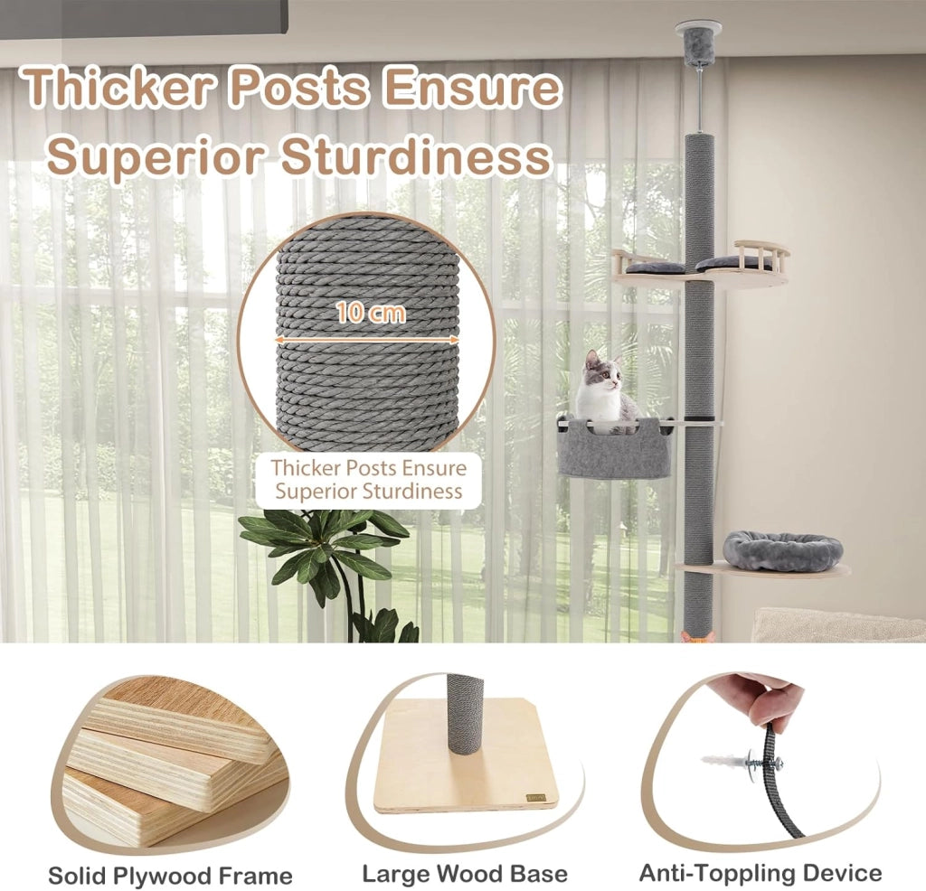 Tiragraffi alto a soffitto, altezza 236 – 271 cm, con 4 livelli, pedana per lettino, tronco spesso 10 cm, tenditore a soffitto regolabile in altezza, albero da arrampicata per gatti