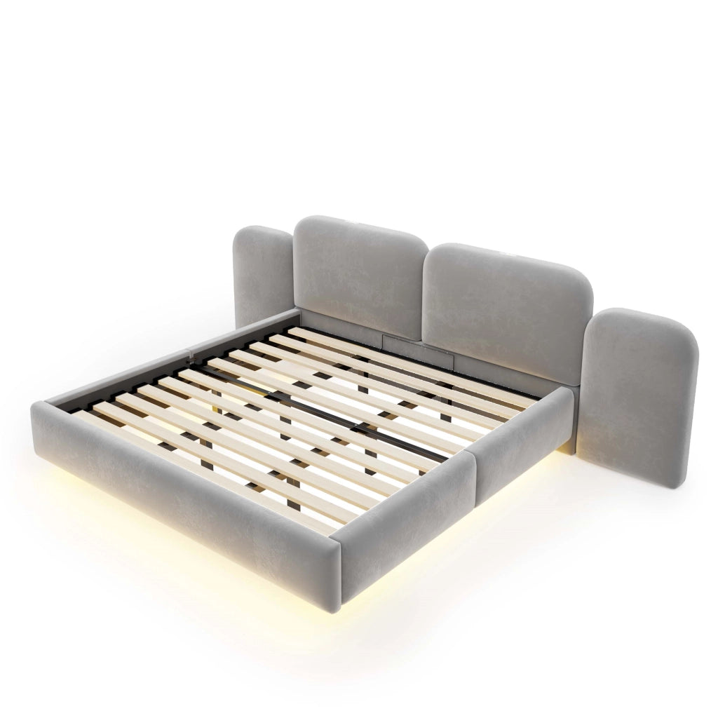 Letto imbottito 180x200 cm con contenitore idraulico, LED RGB e USB-C in velluto grigio