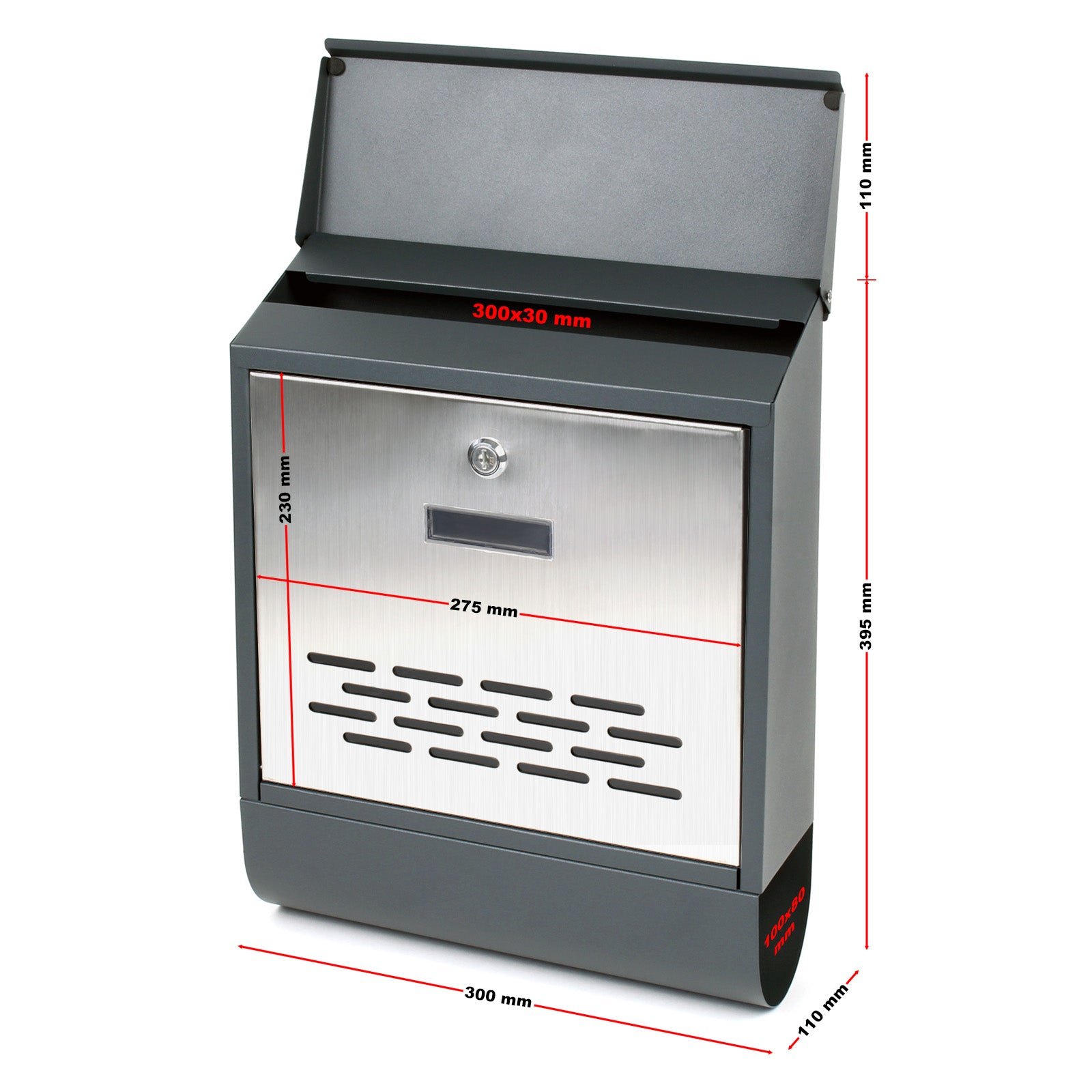 Cassetta postale con vano portagiornale V37 antracite + inox 305 x 105 x 385 mm con vetrino nome