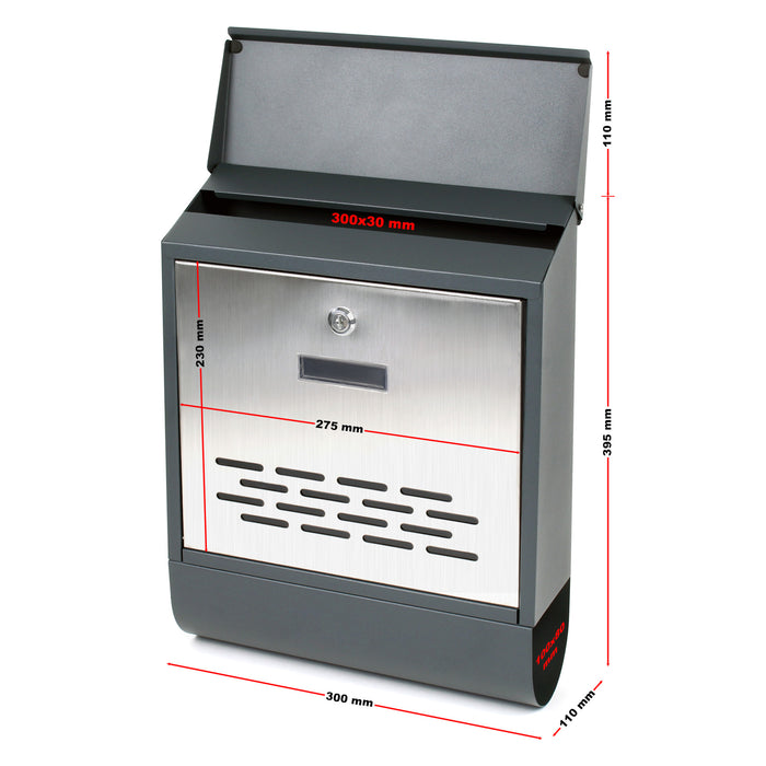 Cassetta postale con vano portagiornale V37 antracite + inox 305 x 105 x 385 mm con vetrino nome