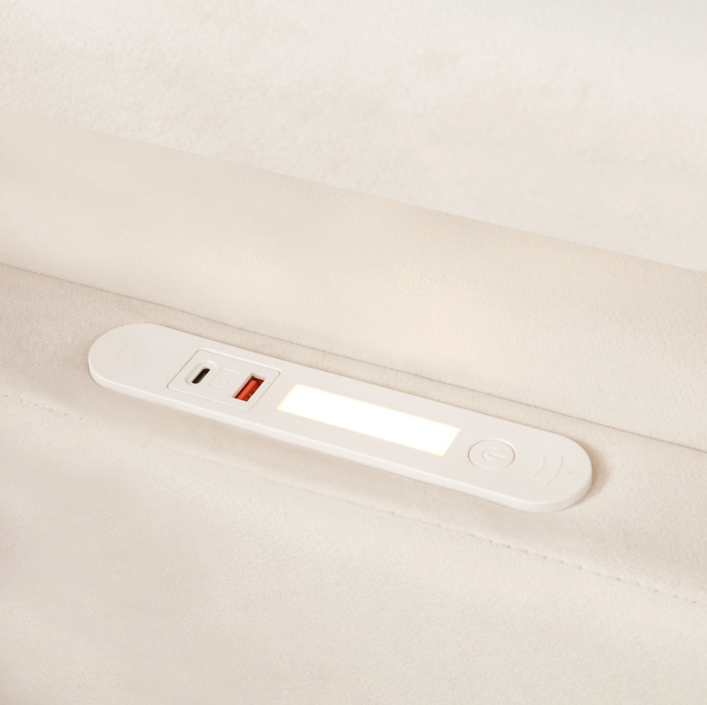 Letto per bambini 90x200 cm con sponde imbottite; luce notturna; USB C; velluto beige