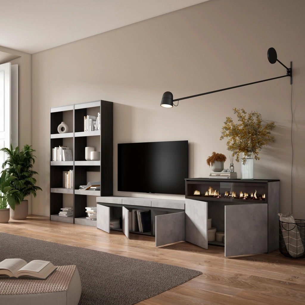 Mobile TV, Soggiorno, 370x35x186cm, Per TV fino a 65", Camino elettrico, grigio cemento RF3171