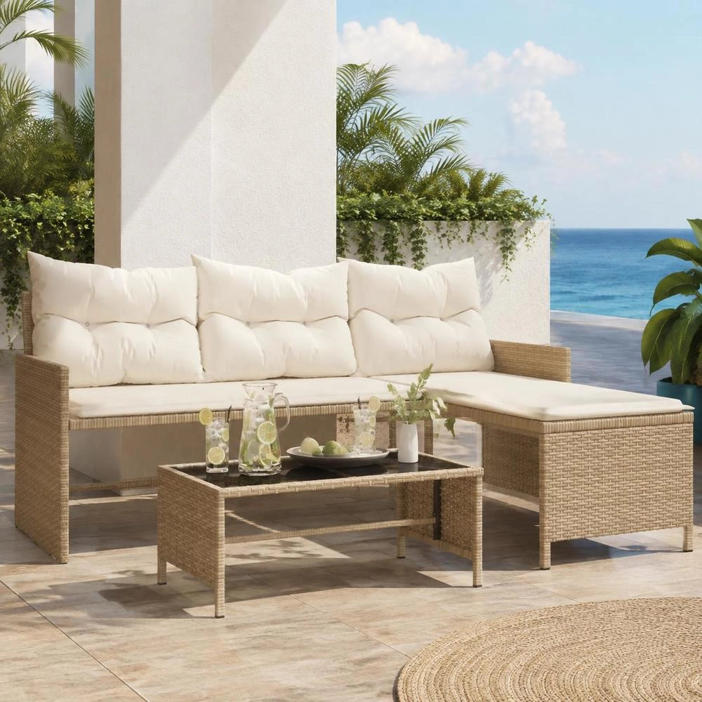 L-shaped Garden Sofa With Table And Cushions, Beige Poly Rattan