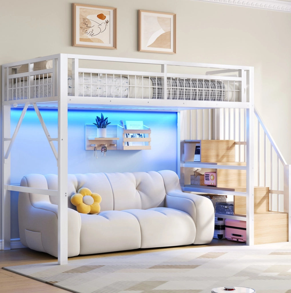 Letto a soppalco 90x200 cm bianco in metallo e MDF con LED e gradini contenitore