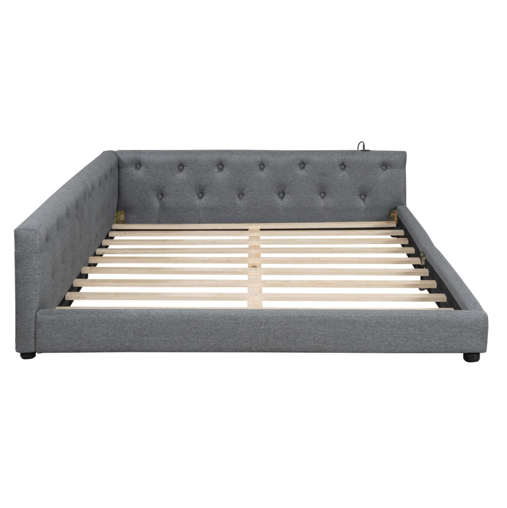 Letto 140x200 cm con LED; USB e Type-C in lino grigio