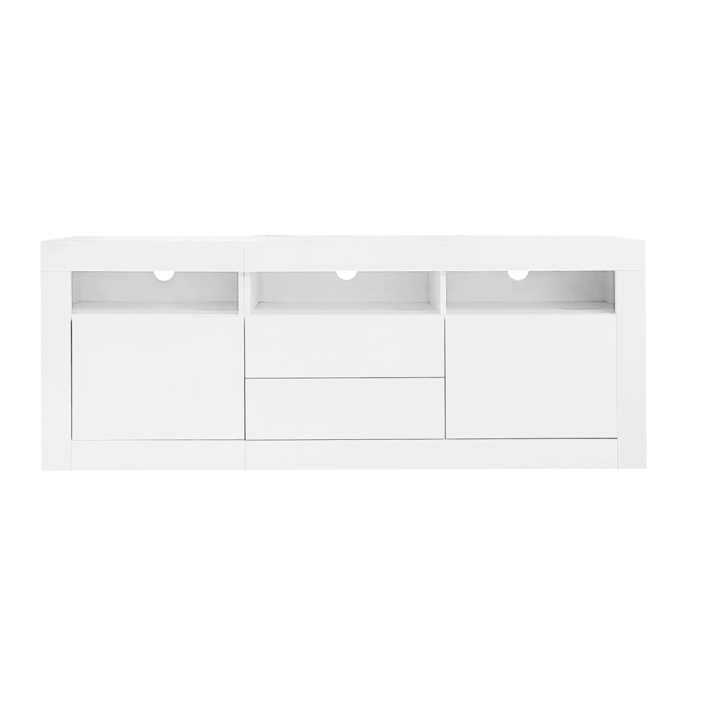 Mobile TV ULEVR 160x35x60 cm bianco lucido con LED Bluetooth, 2 ante, 2 cassetti e 3 vani aperti