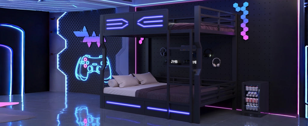 Letto a castello 140 × 200 cm con illuminazione LED, barriere di sicurezza, senza materasso, in MDF e metallo, nero