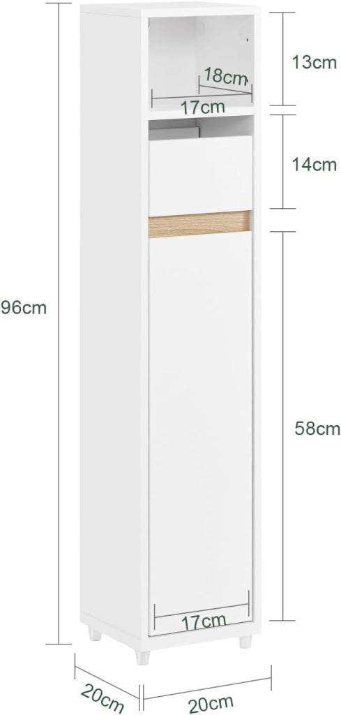 Mobiletto Bagno Salvaspazio Mobile Bagno Stretto (20 cm), Colonna Bagno Alta con Cassetto e Ripiani Regolabili, Mobile Almacenaje per Piccoli Spazi e WC, Bianco, 20x20x96 cm, BZR151-W