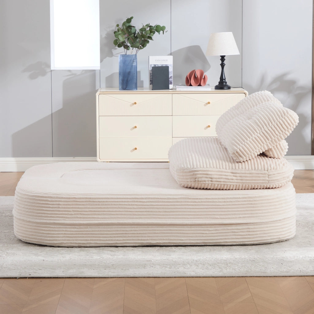 Poltrona letto 2 in 1 in corduroy beige, con funzione relax, doppio portabicchieri e tasche laterali