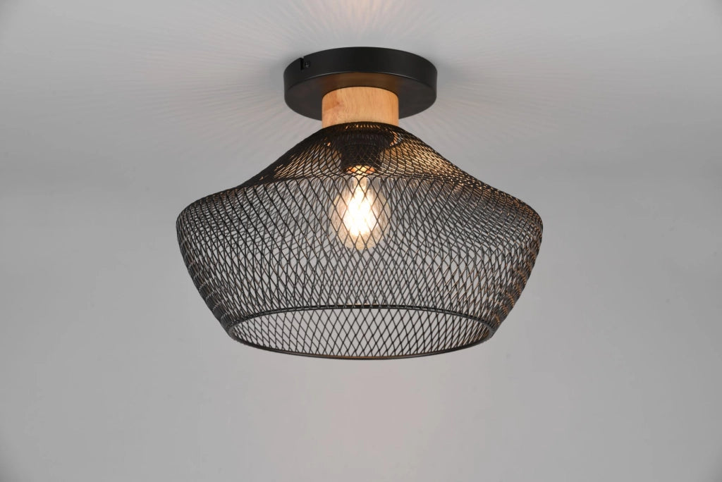 VALERIA PLAFONIERA METALLO GABBIA NERA CON PARTICOLARE IN LEGNO NATURALE D. 35CM 1 ATTACCO E27