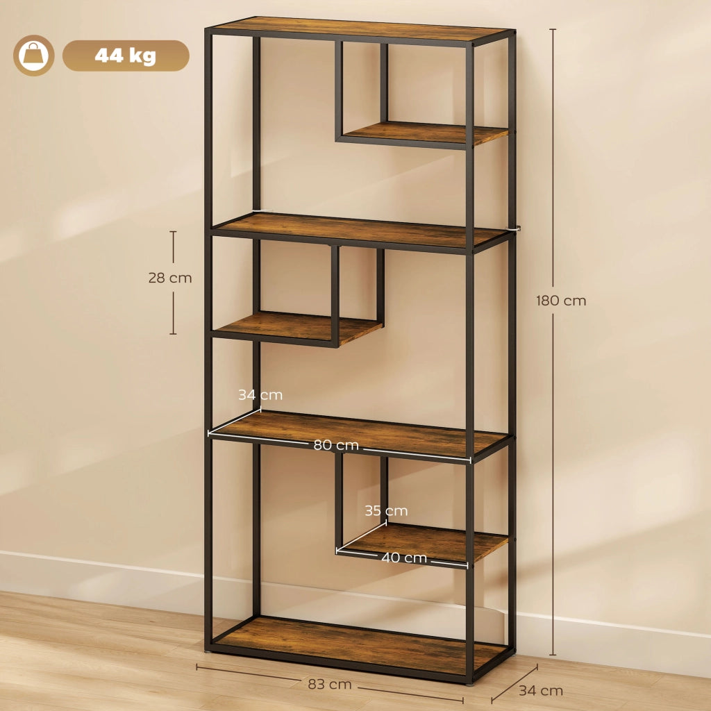 Mobile Libreria a 7 Livelli in Legno e Acciaio Stile Industriale. 83x34x180 cm. Marrone