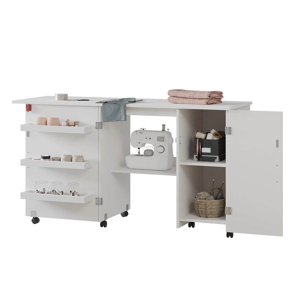 Vicco Tavolo da cucito Bianco 148 x 75 cm con 3 ripiani e armadio