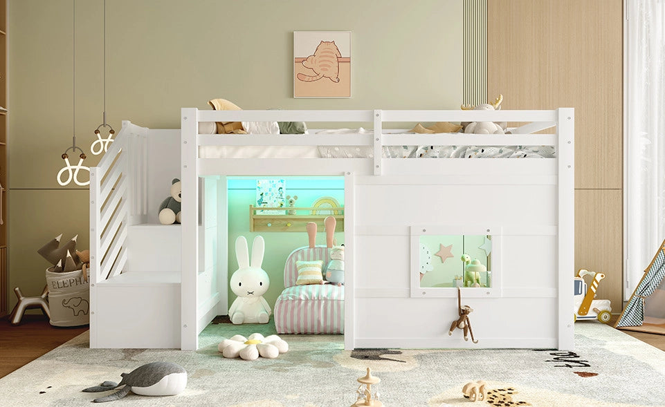 Letto a soppalco 90x200 cm bianco con scala contenitore e finestra