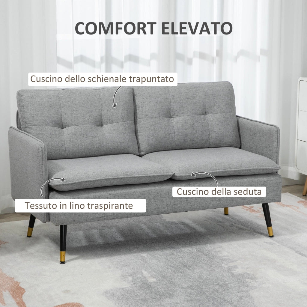 Divano 2 Posti in Tessuto 139x68x80 cm con Cuscini Imbottiti e Gambe in Acciaio Grigio