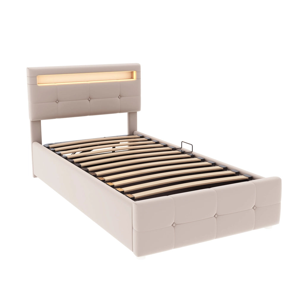 Letto singolo imbottito 90x200 cm con LED e vano contenitore idraulico; velluto beige
