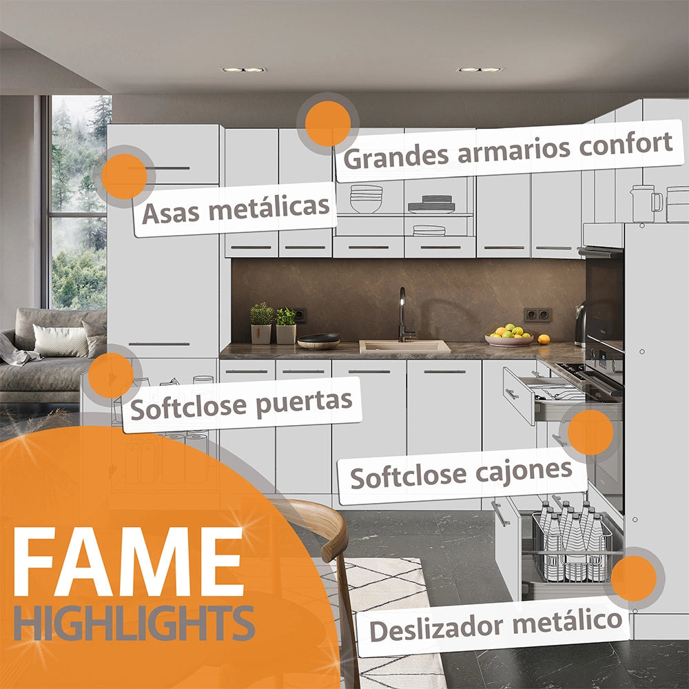 Cucina completa Fame-Line Rovere dorato/Bianco 140 cm senza piano di lavoro Vicco