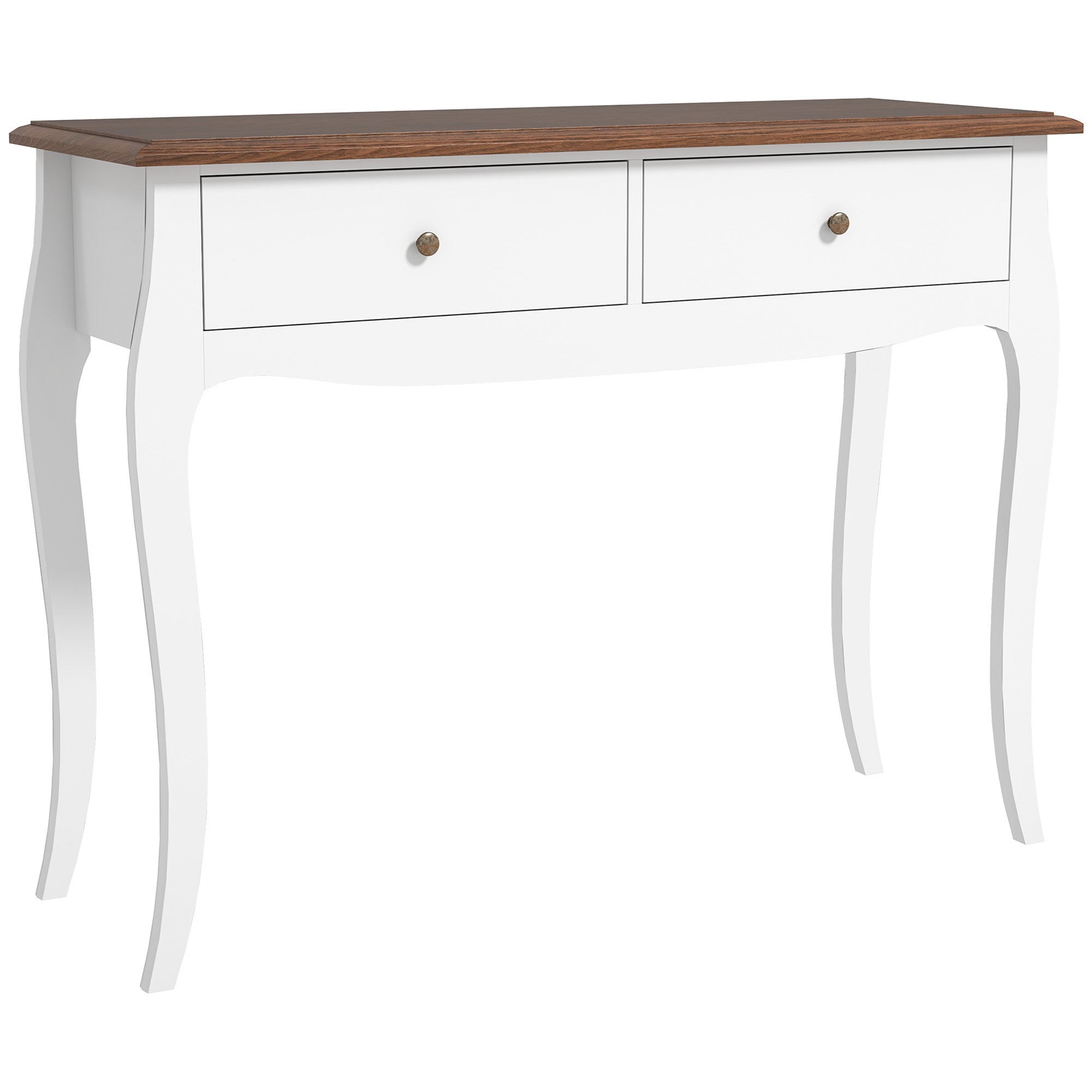Tavolo Consolle Moderno 100x35x76,5 cm con 2 Cassetti in Legno Bianco e Marrone Scuro