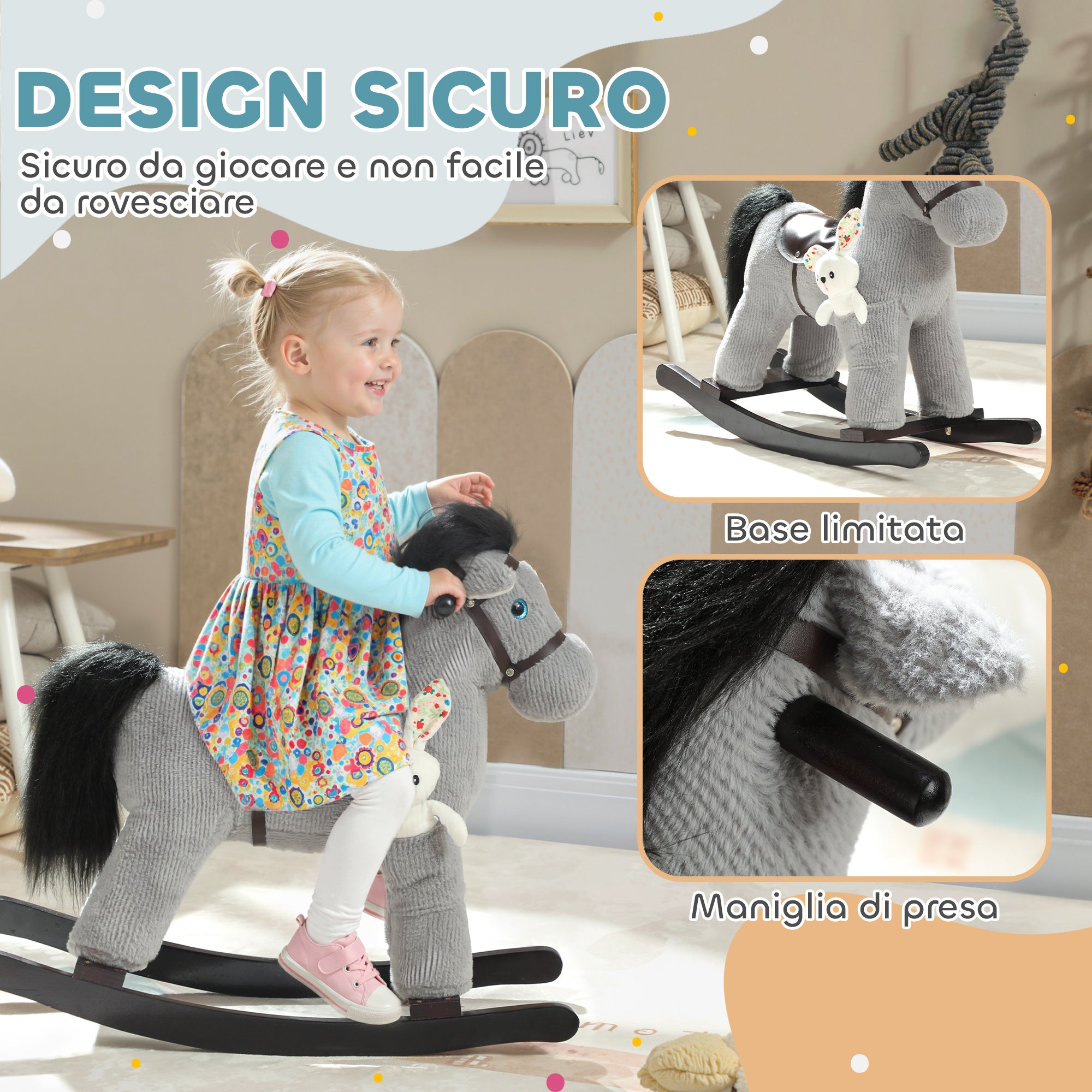 Cavallo a Dondolo con Suoni per Bambini da 2-5 Anni Coniglietto Incluso in Legno e Peluche Grigio