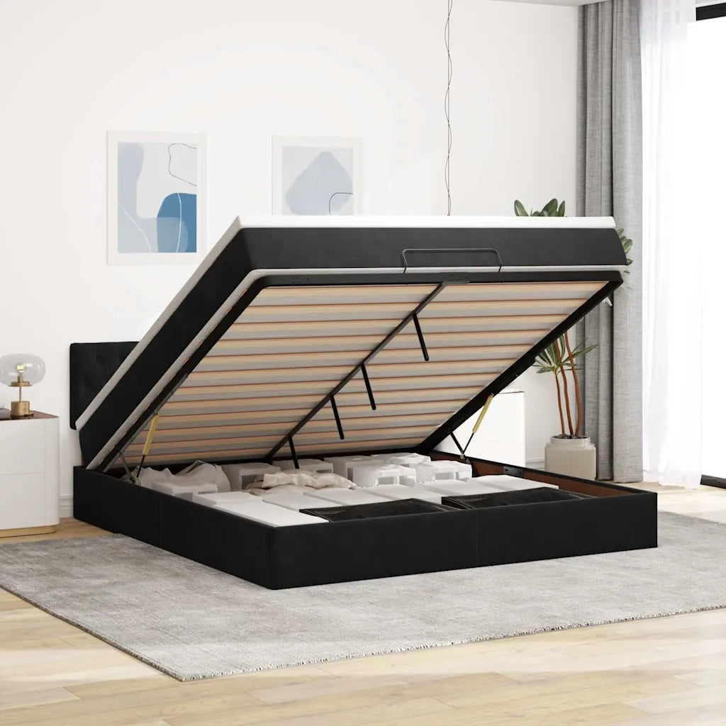 Struttura Letto Pouf con Materasso Nero 160x200 cm in Velluto