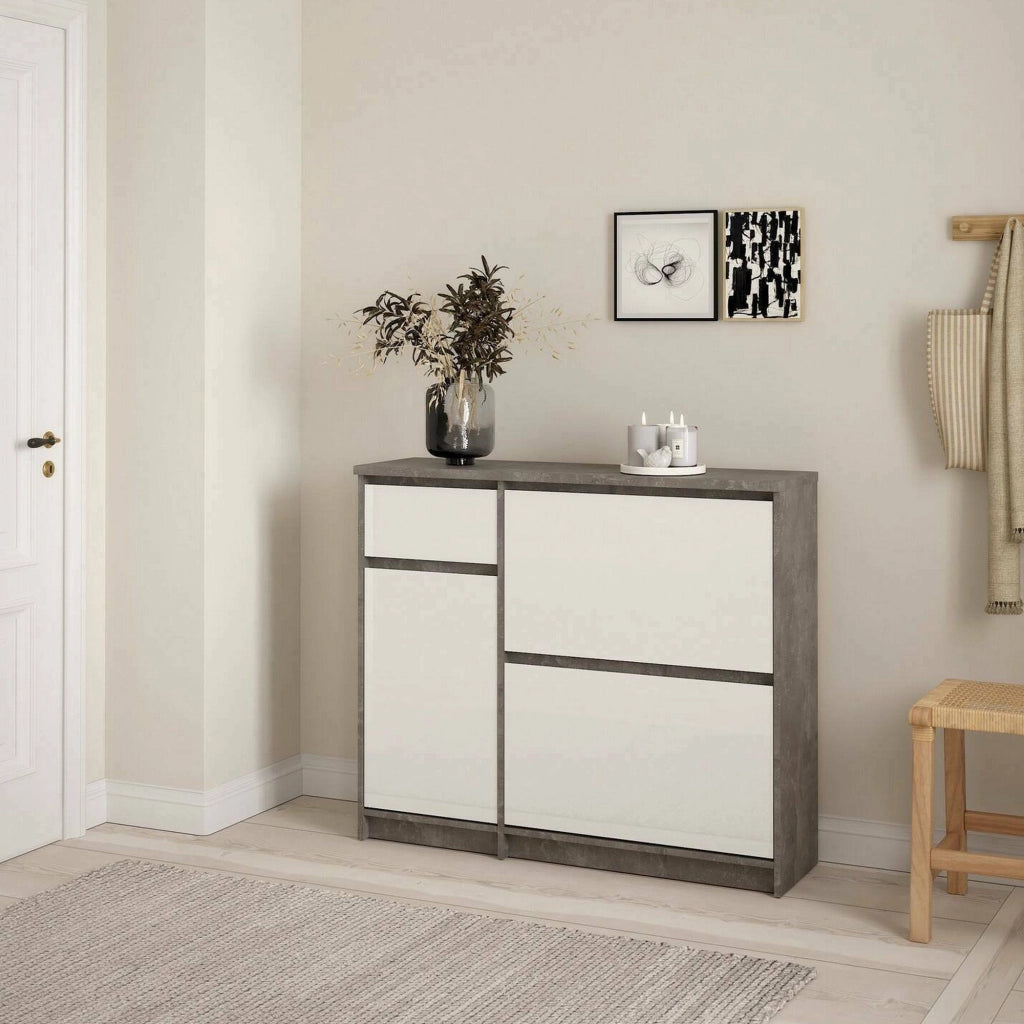 Scarpiera Todd, Mobile portascarpe, Armadio da ingresso multiuso, Mobiletto per calzature, 109x32 h93 cm, Cemento e Bianco lucido