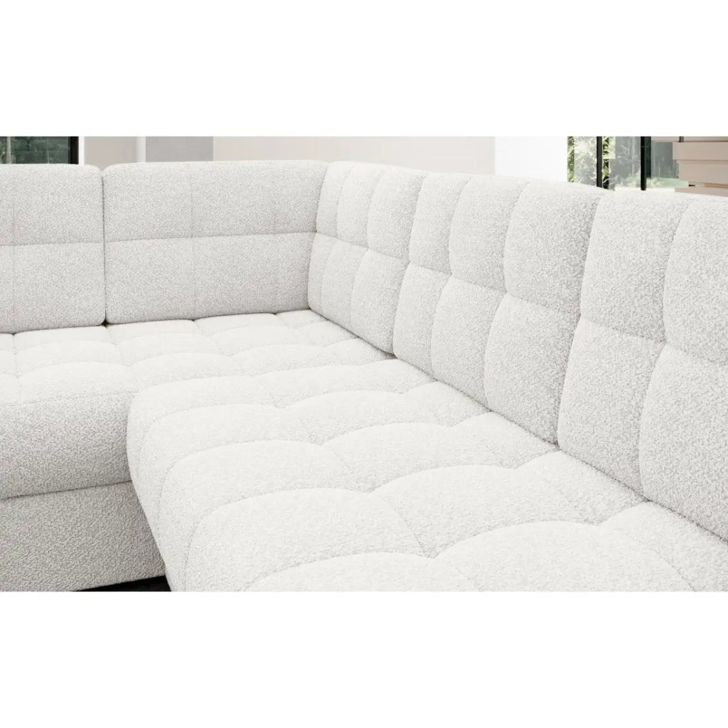 Divano ad angolo convertibile MONTEZA bianco bouclé 299 cm con vano contenitore e letto