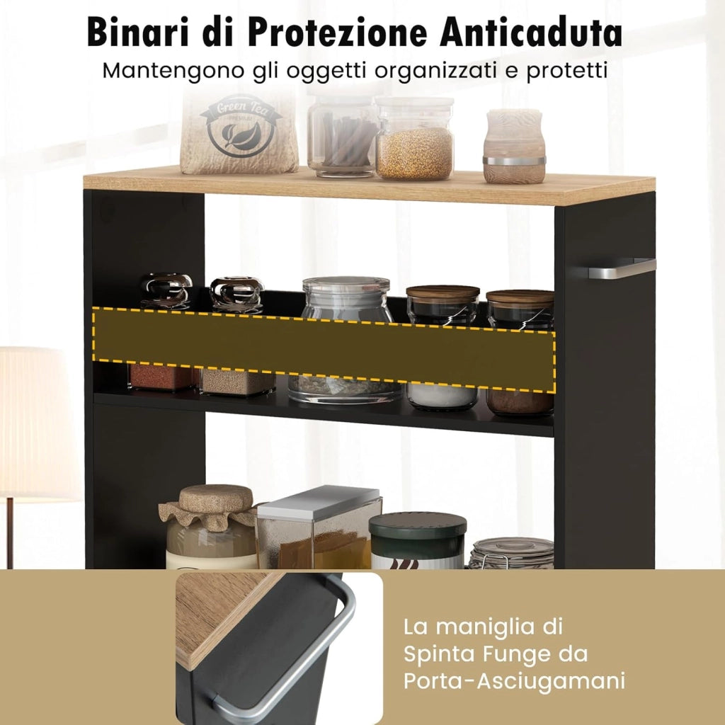 Carrello da Cucina a 4 Ripiani, Carrello in Legno con 4 Ruote Universali, Carrello Scaffale Stretto Salvaspazio con Manico per Bagno, Ufficio, Officina, 47,5 x 20 x 80,5 cm (Nero)