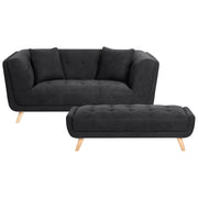 Divano a due posti in tessuto con poggiapiedi cuscini decorativi e gambe in legno trapuntatura decorativa stile retrò nero
