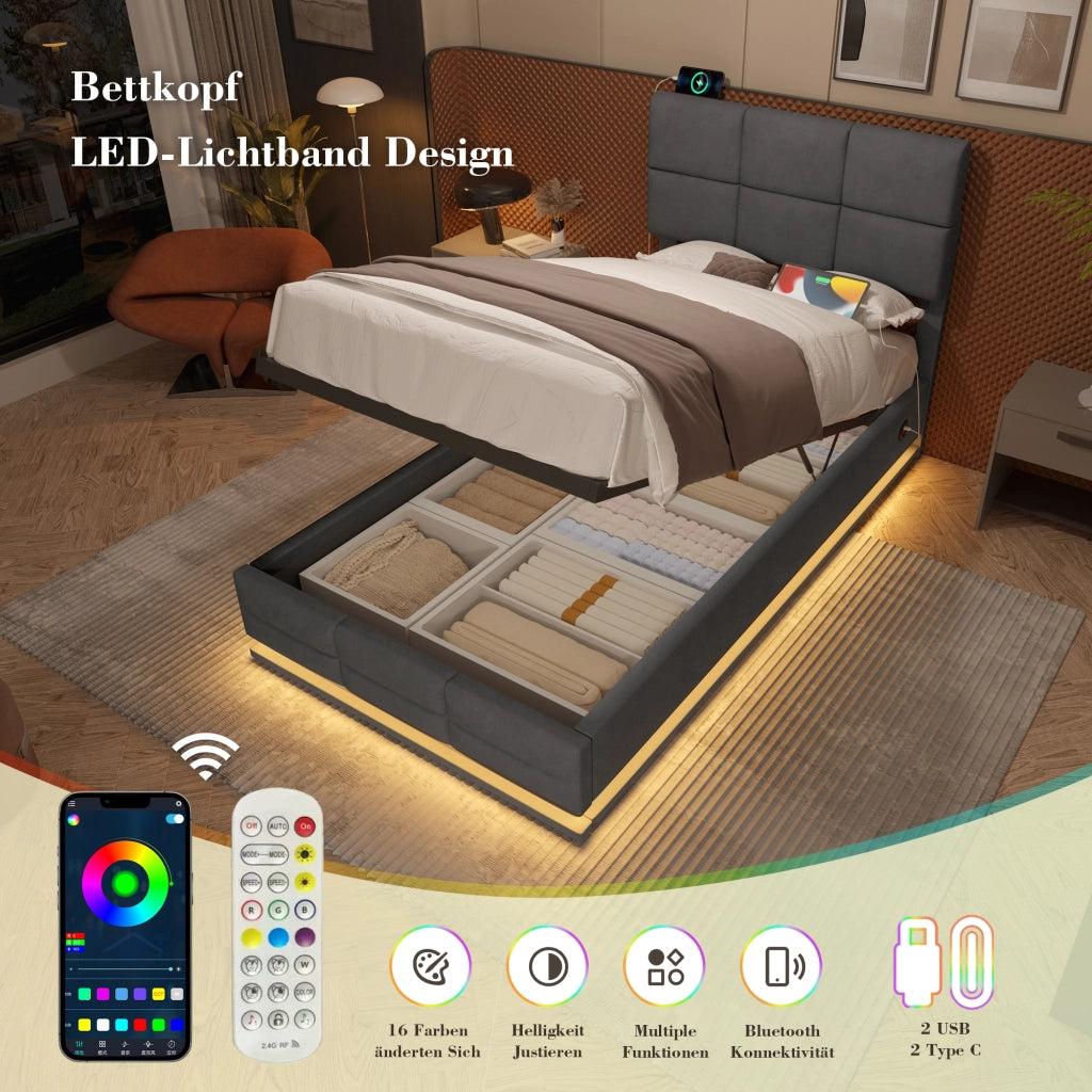 Letto Singolo 90 x 200 cm con Contenitore; USB; LED Regolabile e Testiera Regolabile