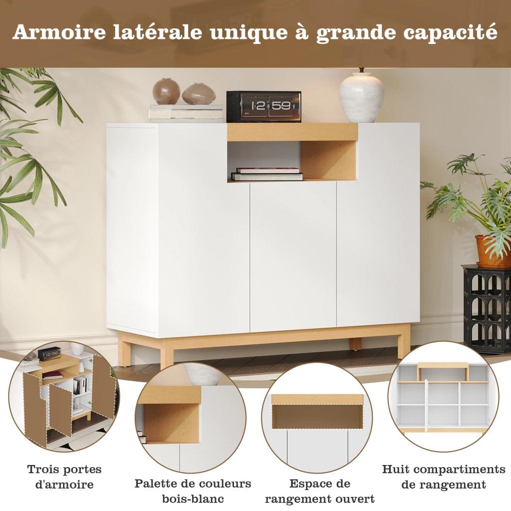 OKWISH Credenza Moderna con 3 Ante e 1 Vano Aperto, per Soggiorno e Sala da Pranzo, Pannelli di Particelle, Bianca