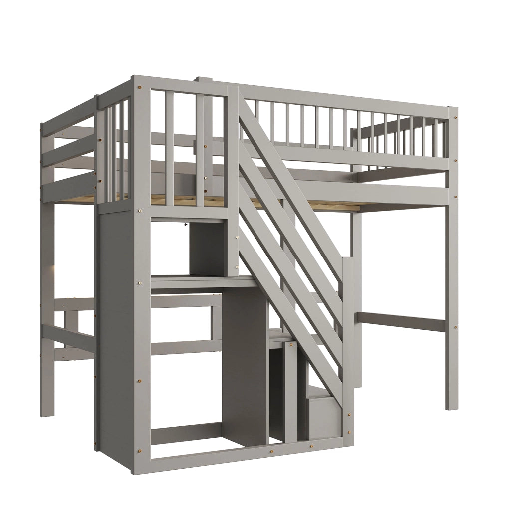 Letto a Soppalco Singolo con Scala Contenitore e Sponde 90×200 cm; senza Materasso; in Legno; Grigio