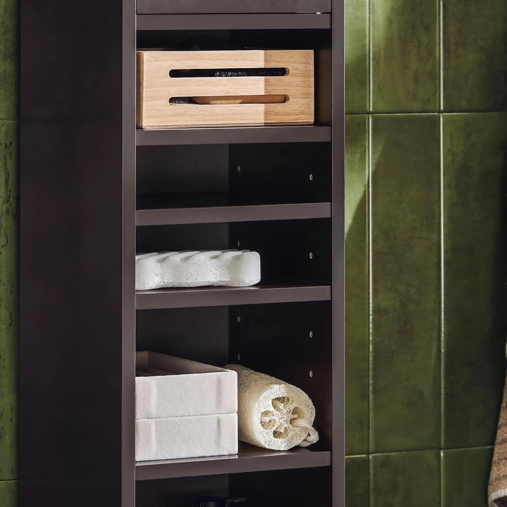 Mobile Bagno Stretta – Colonna Bagno Idrorepellente, Alto con Ripiani Regolabili e Cassetto – Armadietto Salvaspazio, MDF, Marrone scuro, 20x180x20cm, BZR34-II-BR