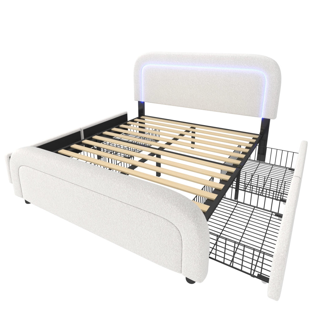 Letto matrimoniale 140x200 cm con LED; USB e USB C; 4 cassetti; tessuto sherpa bianco
