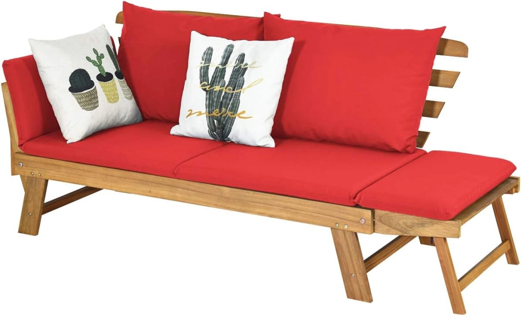 Divano Letto 2 Posti da Esterno in Legno di Acacia con Braccioli Regolabili, Sdraio da Giardino con Cuscini, per Giardino, Piscina, Cortile (Rosso)