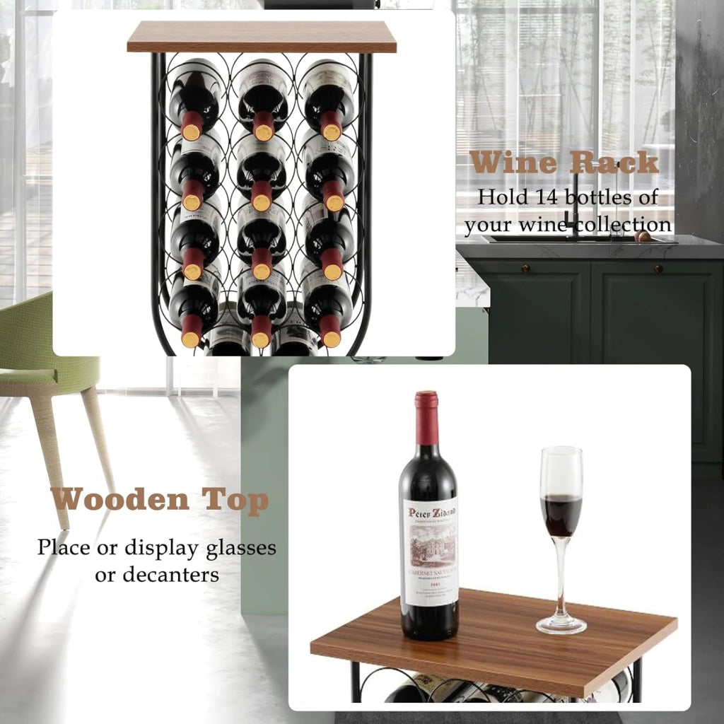 Portabottiglie per 14 bottiglie con ruote, supporto mobile per vino con telaio metallico e tavola in legno, organizer per vino per sala da pranzo, bar, cantina, 39 x 30 x 76 cm