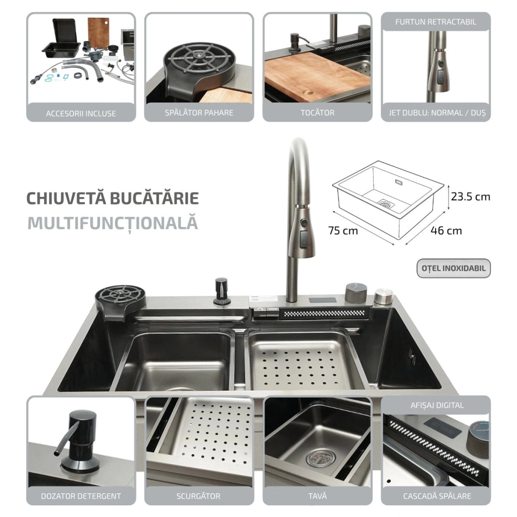 Lavello da cucina multifunzionale in acciaio inox con display digitale della temperatura, funzione cascata, lavapentole, dispenser di sapone, scolapiatti, vassoio, tagliere e accessori inclusi, dimensioni 75×46×23,5 cm.