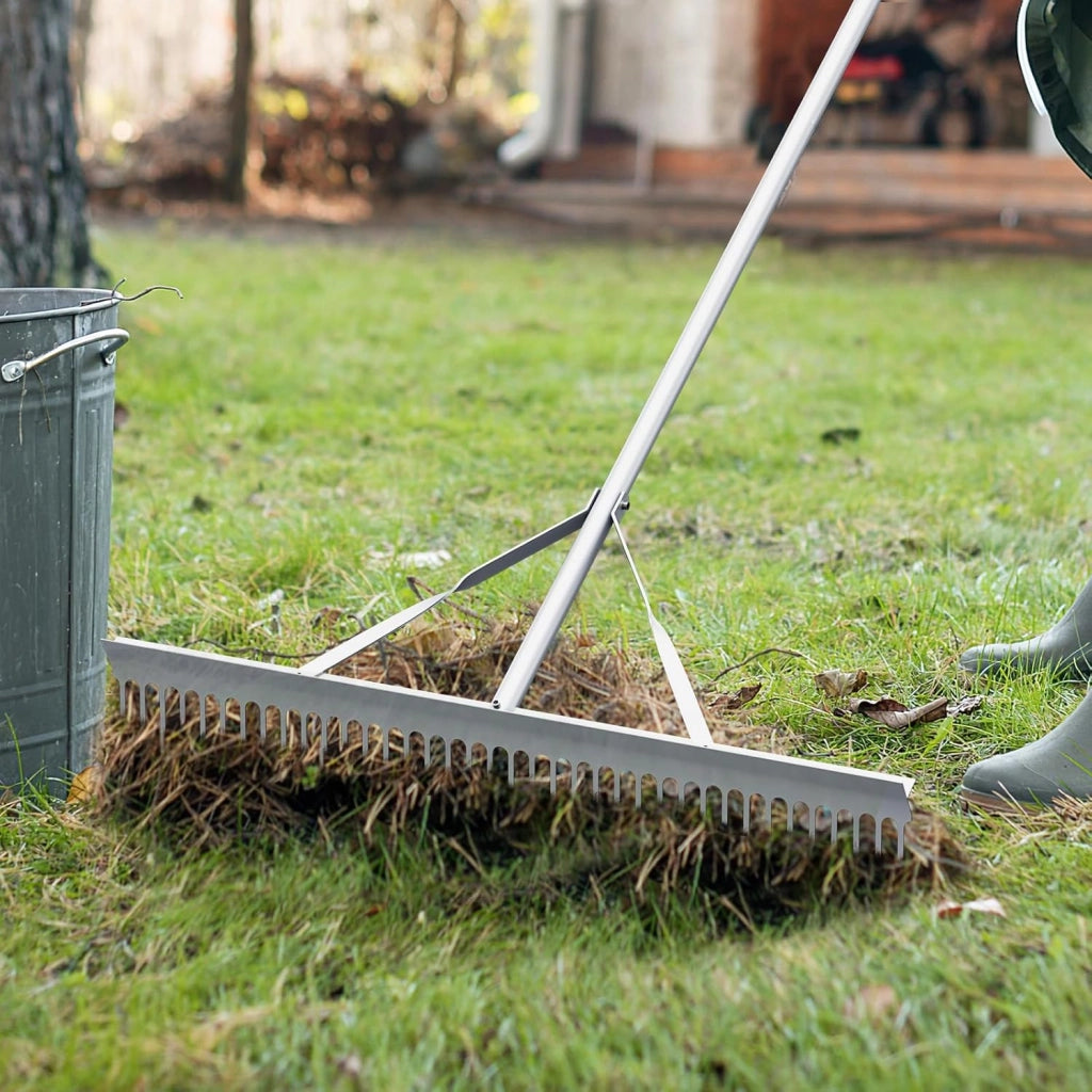 Rastrello da Giardino in Alluminio con Manico Lungo 174 cm, Rastrello da Prato Largo 91 cm con 36 Denti Rigido per Paesaggio, Ideale per Foglie, Erbacce, Terreno e Detriti (Stile B)