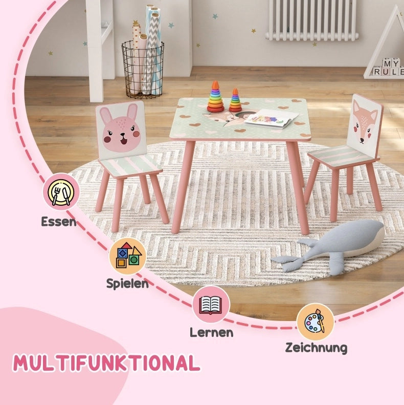 Set tavolo e 2 sedie per bambini 60x60x44 cm in pino rosa, per cameretta