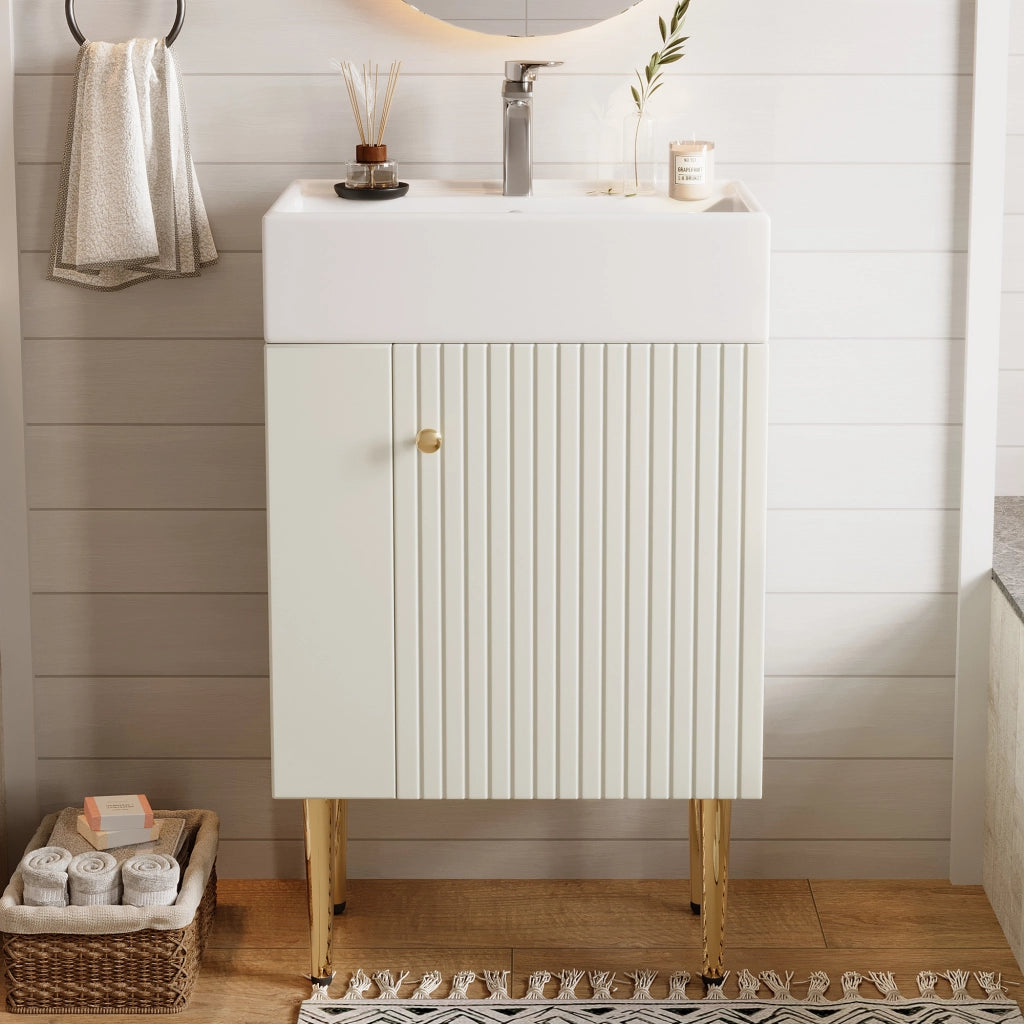 Mobile sottolavabo con lavabo in ceramica e ripiani laterali, per bagni piccoli, bianco, 68,5 × 52,6 × 32,28 cm