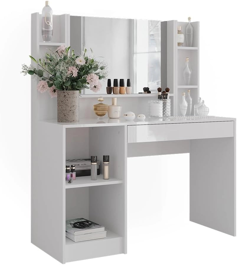 Tavolo da toeletta Sherry, Bianco/bianco lucido, 119.8 cm 4 parti, con specchio superiore per l'uso quotidiano e l'organizzazione