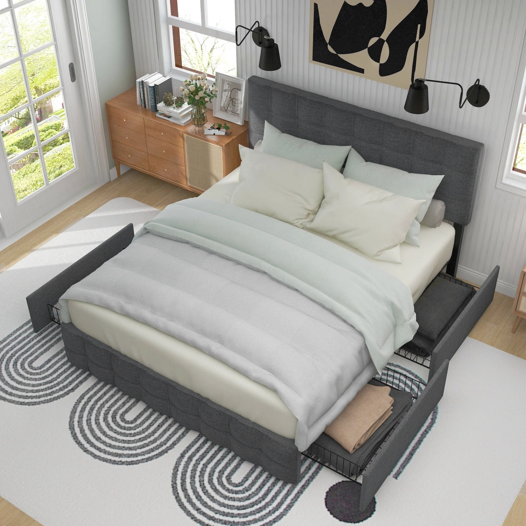 Letto matrimoniale in lino grigio 140x200 4 cassetti doghe testiera regolabile con materasso