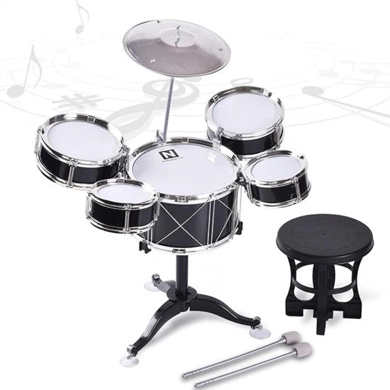 Drumset per bambini – Drumset per bambini – Incluso bastoncini a tamburo & sedile per tamburo - Nero