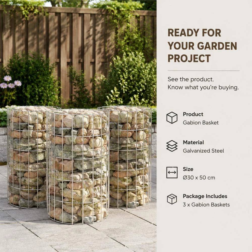 Gabion Raised Beds, 3 Pieces, Round, Galvanized Steel, 30x50 Cm