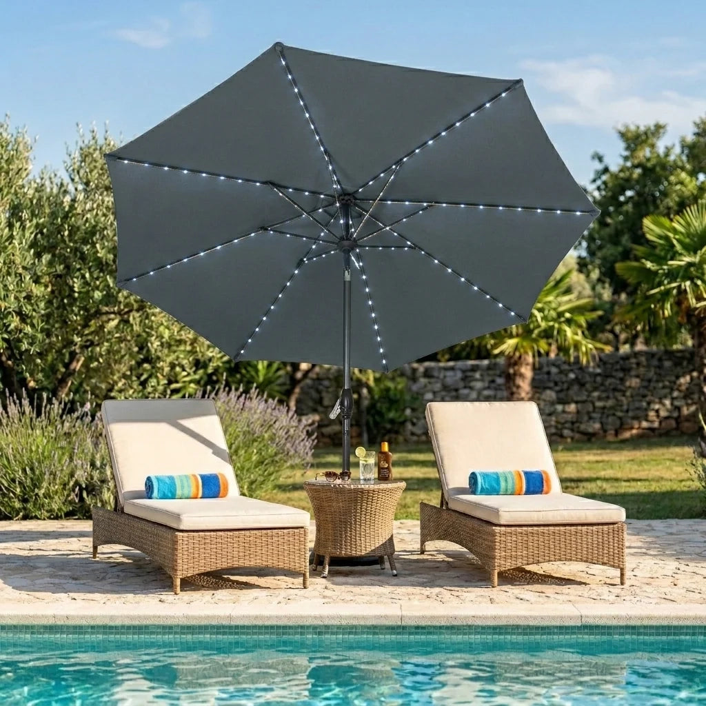 Ombrellone LED Inclinabile 2,7m Grigio da Giardino con Luci Solari