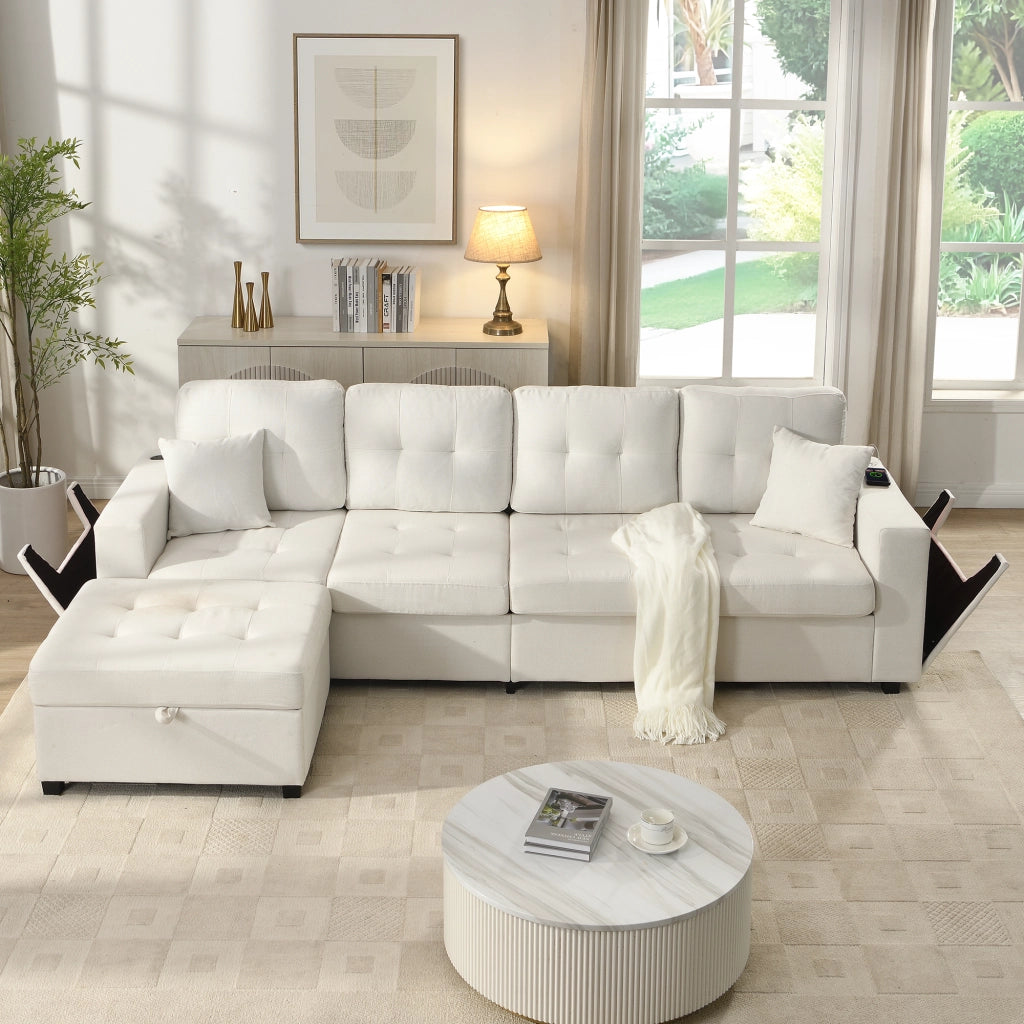 Divano angolare modulare 253 cm 4 posti con pouf con contenitore; lino; beige