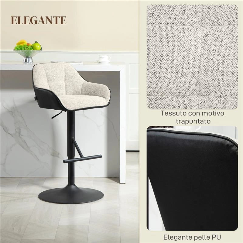 SET 2 SGABELLI IMBOTTITI AD ALTEZZA REGOLABILE CON SCHIENALE E BRACCIOLI 52.5X53X86.5-108 CM NERO GRIGIO CHIARO