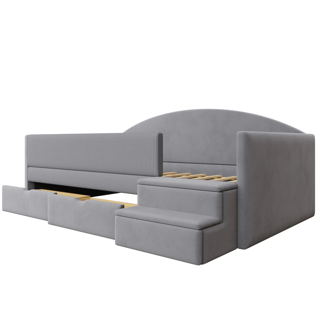 Letto imbottito 90 x 190 cm in velluto grigio acqua con 2 cassetti; sponde e gradini